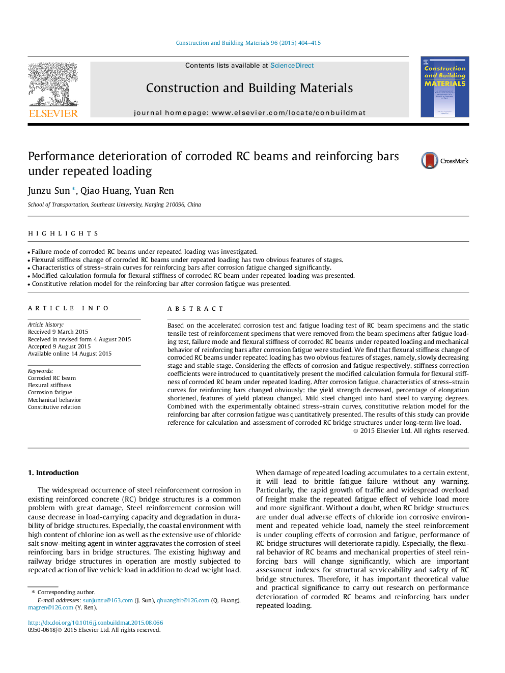 Performance deterioration of corroded RC beams and reinforcing bars under repeated loading