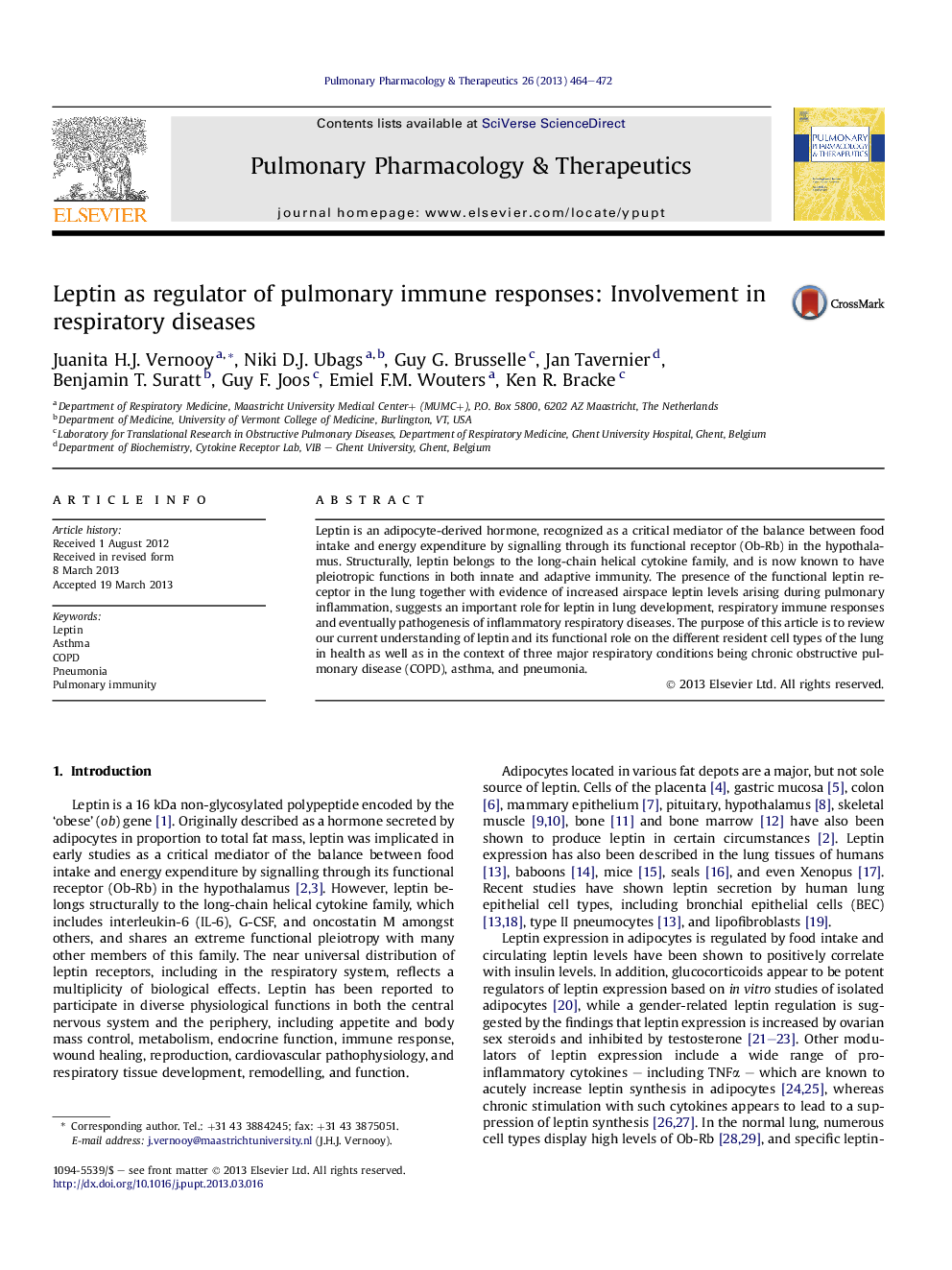 Leptin as regulator of pulmonary immune responses: Involvement in respiratory diseases