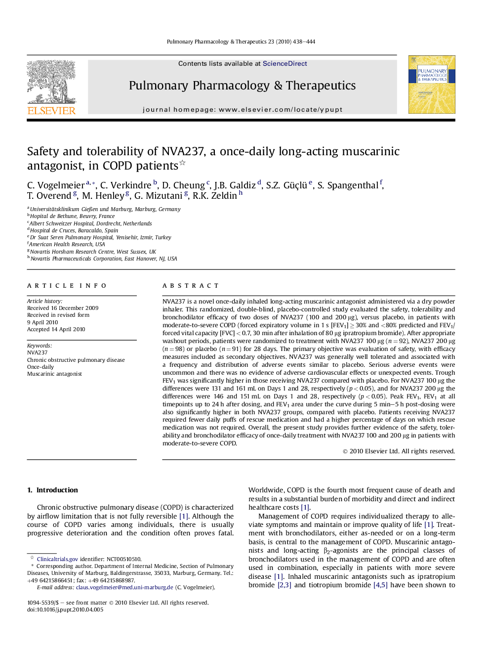 Safety and tolerability of NVA237, a once-daily long-acting muscarinic antagonist, in COPD patients 