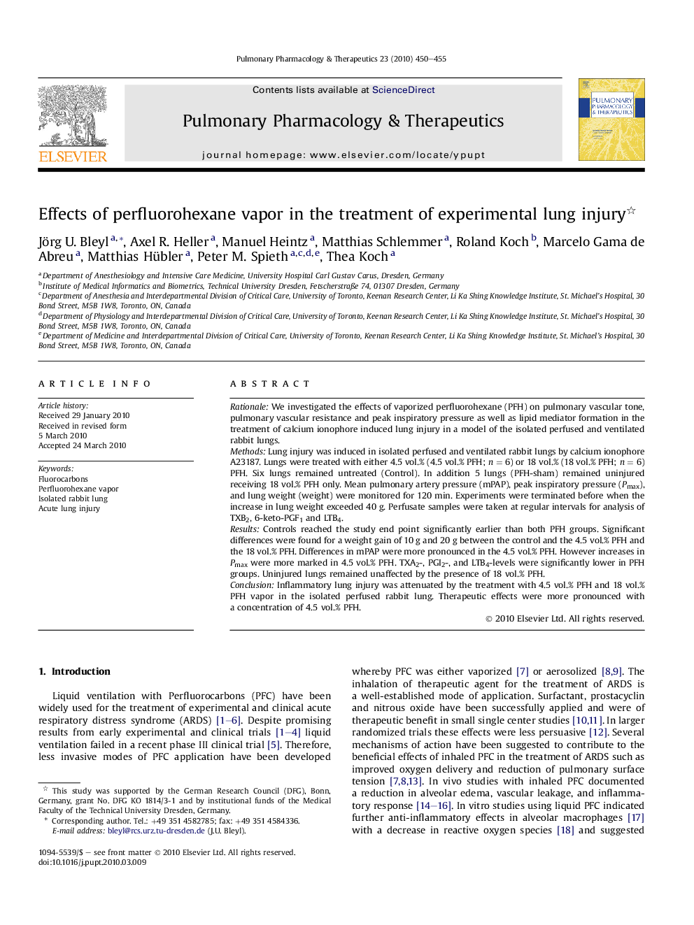 Effects of perfluorohexane vapor in the treatment of experimental lung injury 