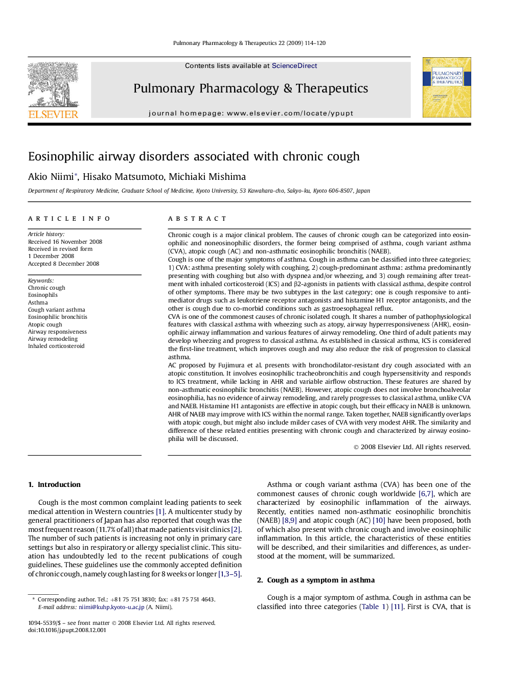 Eosinophilic airway disorders associated with chronic cough