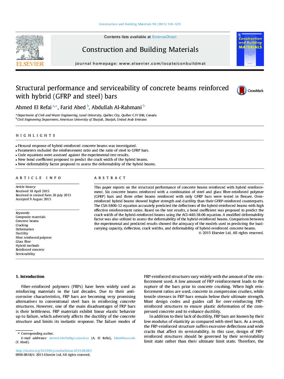 Structural performance and serviceability of concrete beams reinforced with hybrid (GFRP and steel) bars