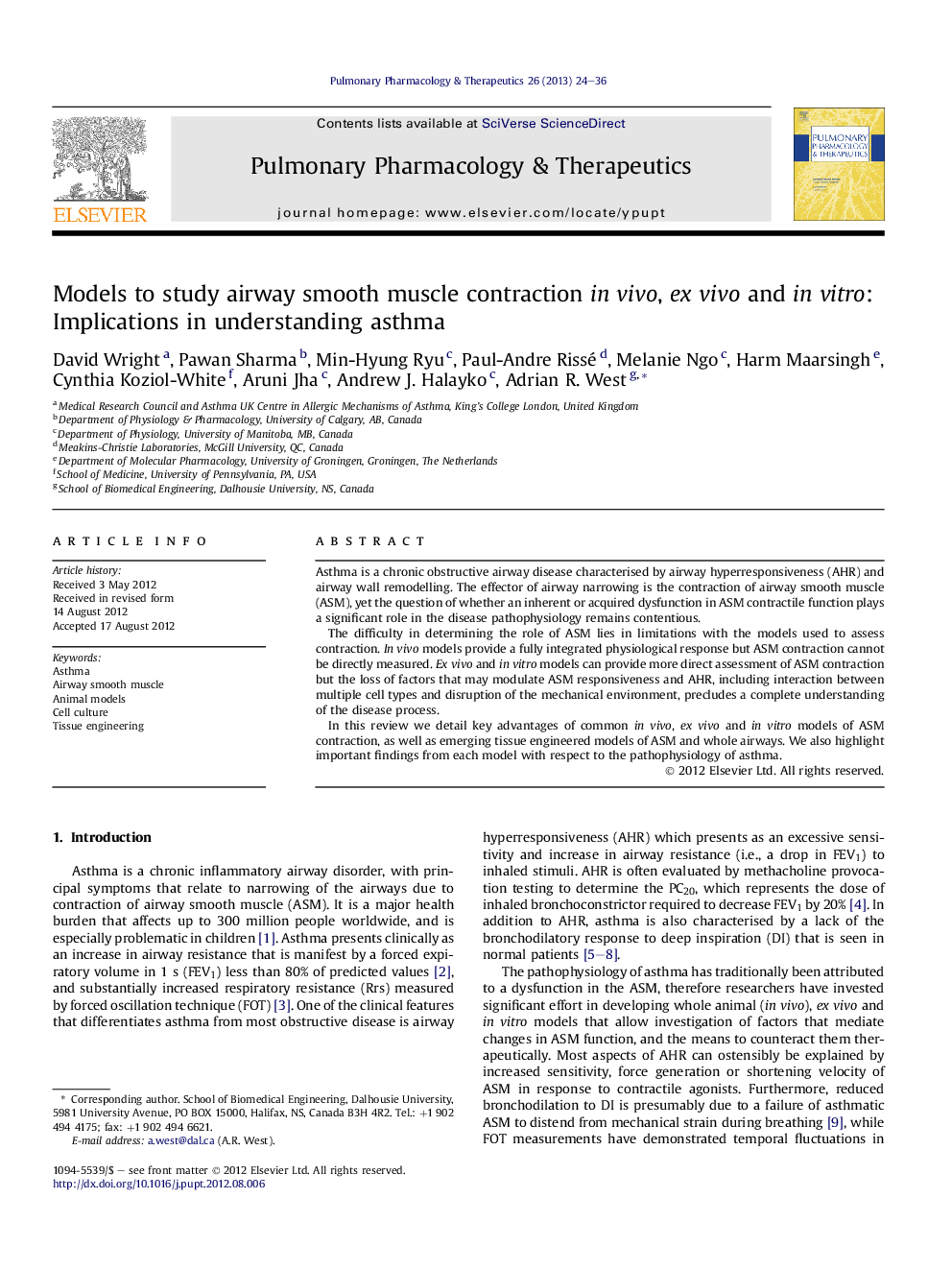 Models to study airway smooth muscle contraction in vivo, ex vivo and in vitro: Implications in understanding asthma