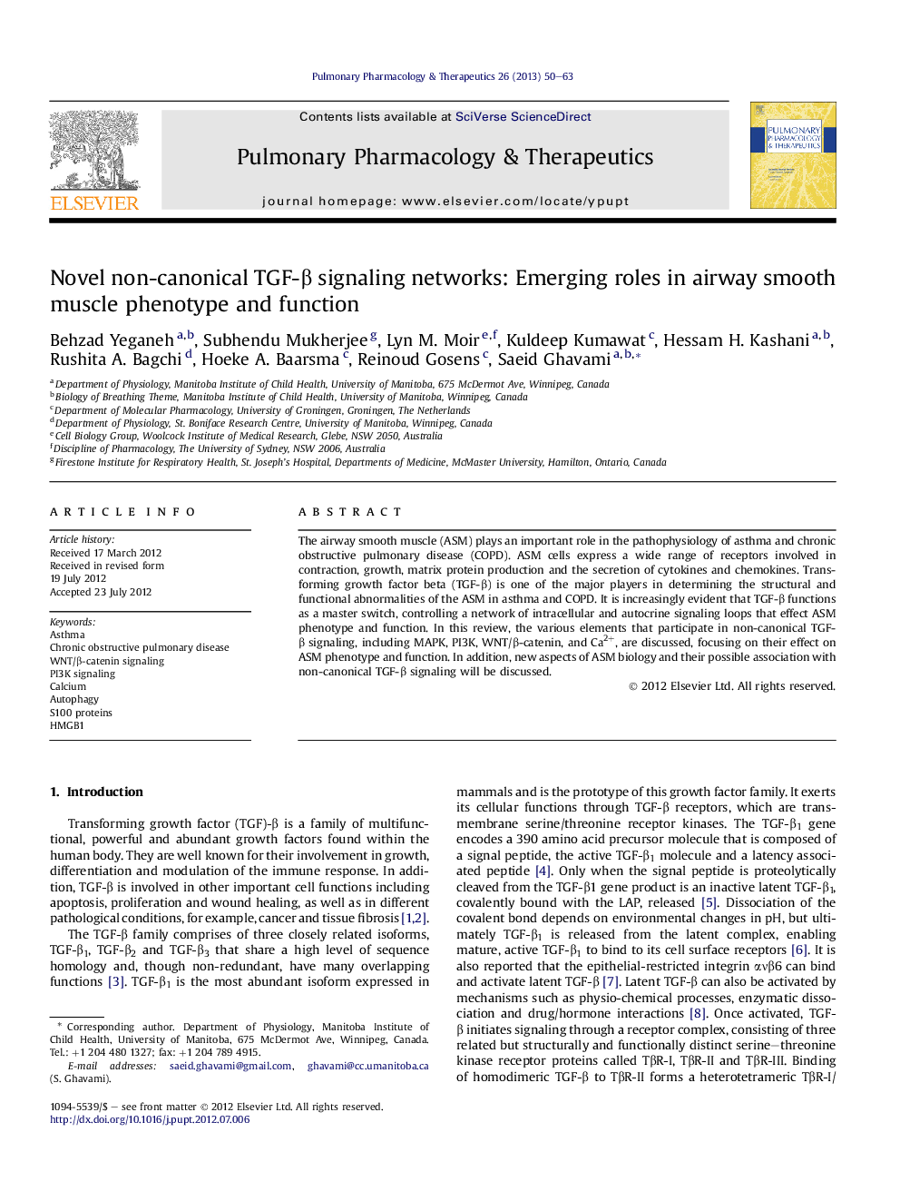 Novel non-canonical TGF-β signaling networks: Emerging roles in airway smooth muscle phenotype and function