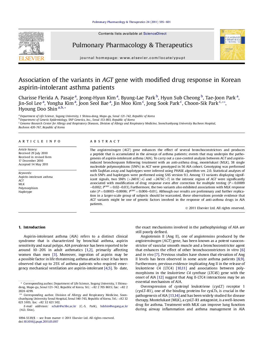 Association of the variants in AGT gene with modified drug response in Korean aspirin-intolerant asthma patients