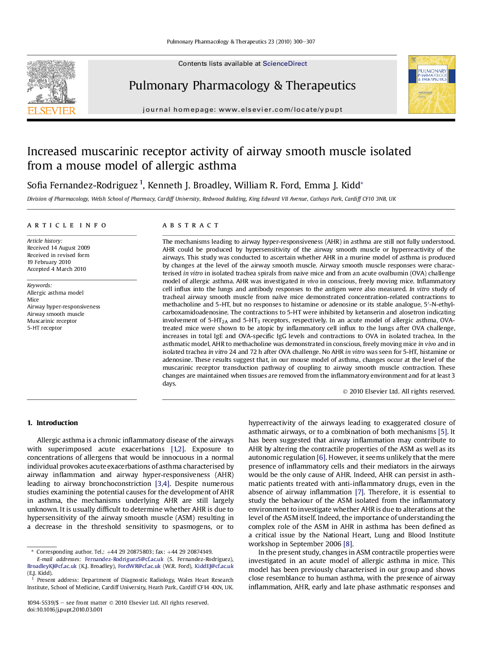 Increased muscarinic receptor activity of airway smooth muscle isolated from a mouse model of allergic asthma