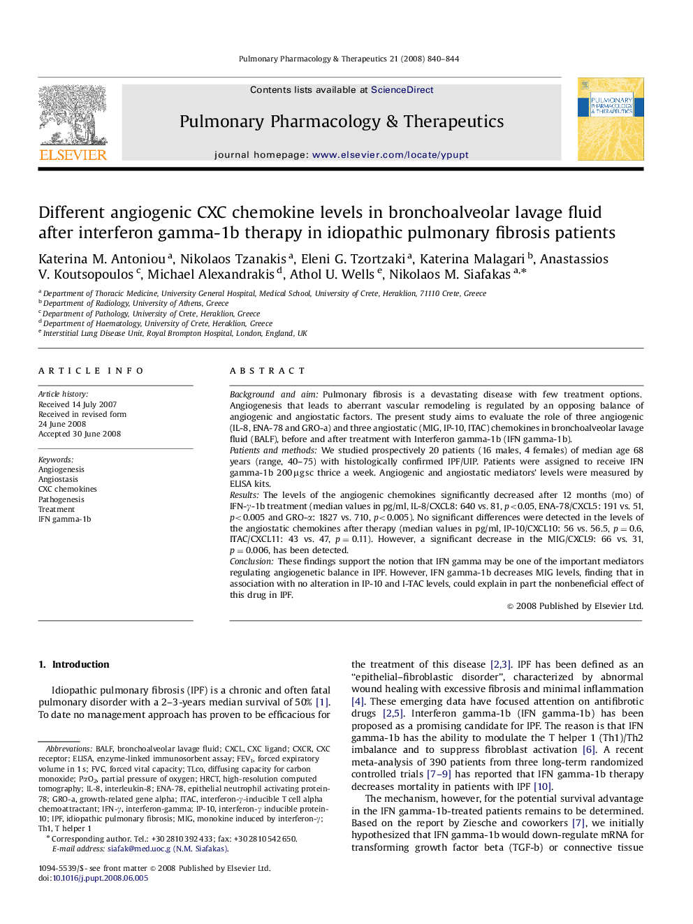 Different angiogenic CXC chemokine levels in bronchoalveolar lavage fluid after interferon gamma-1b therapy in idiopathic pulmonary fibrosis patients