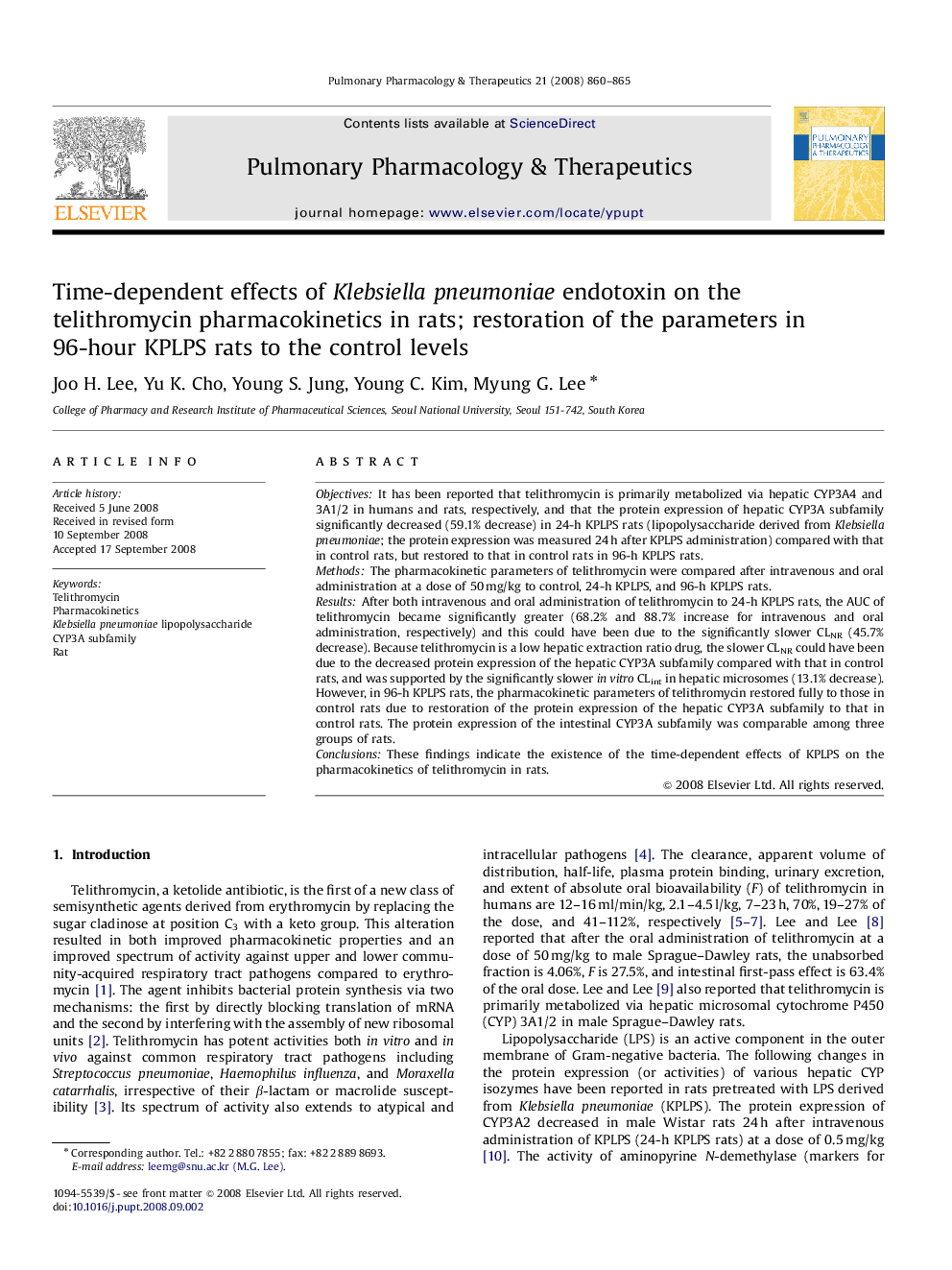 Time-dependent effects of Klebsiella pneumoniae endotoxin on the telithromycin pharmacokinetics in rats; restoration of the parameters in 96-hour KPLPS rats to the control levels