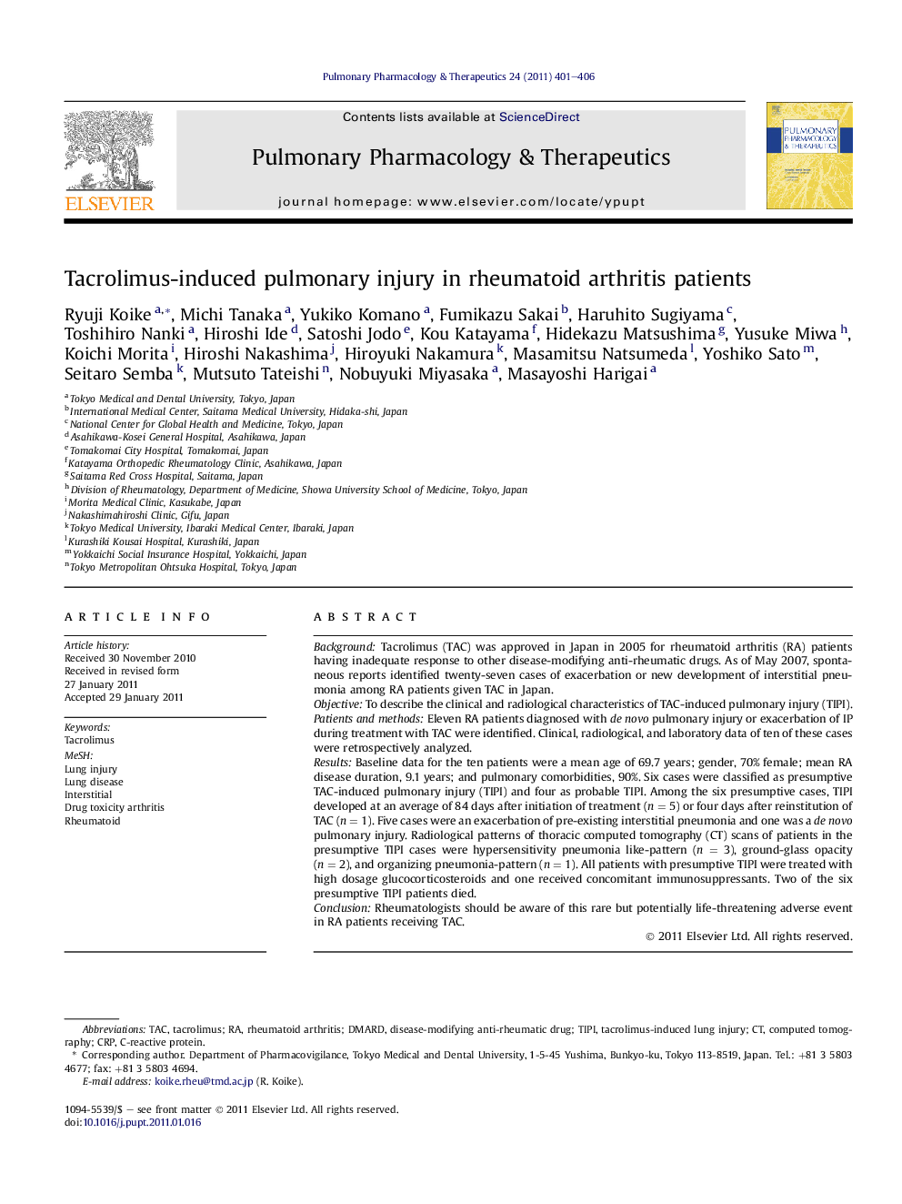 Tacrolimus-induced pulmonary injury in rheumatoid arthritis patients