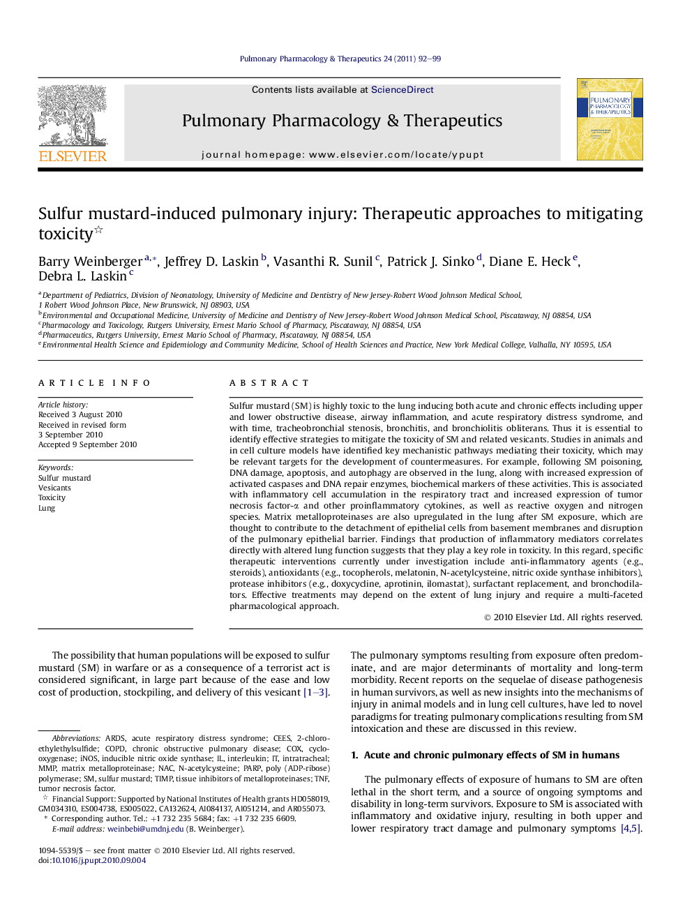 Sulfur mustard-induced pulmonary injury: Therapeutic approaches to mitigating toxicity 