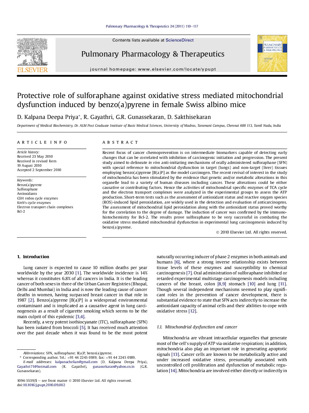 Protective role of sulforaphane against oxidative stress mediated mitochondrial dysfunction induced by benzo(a)pyrene in female Swiss albino mice