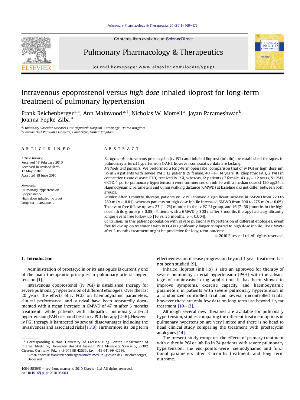 Intravenous epoprostenol versus high dose inhaled iloprost for long-term treatment of pulmonary hypertension