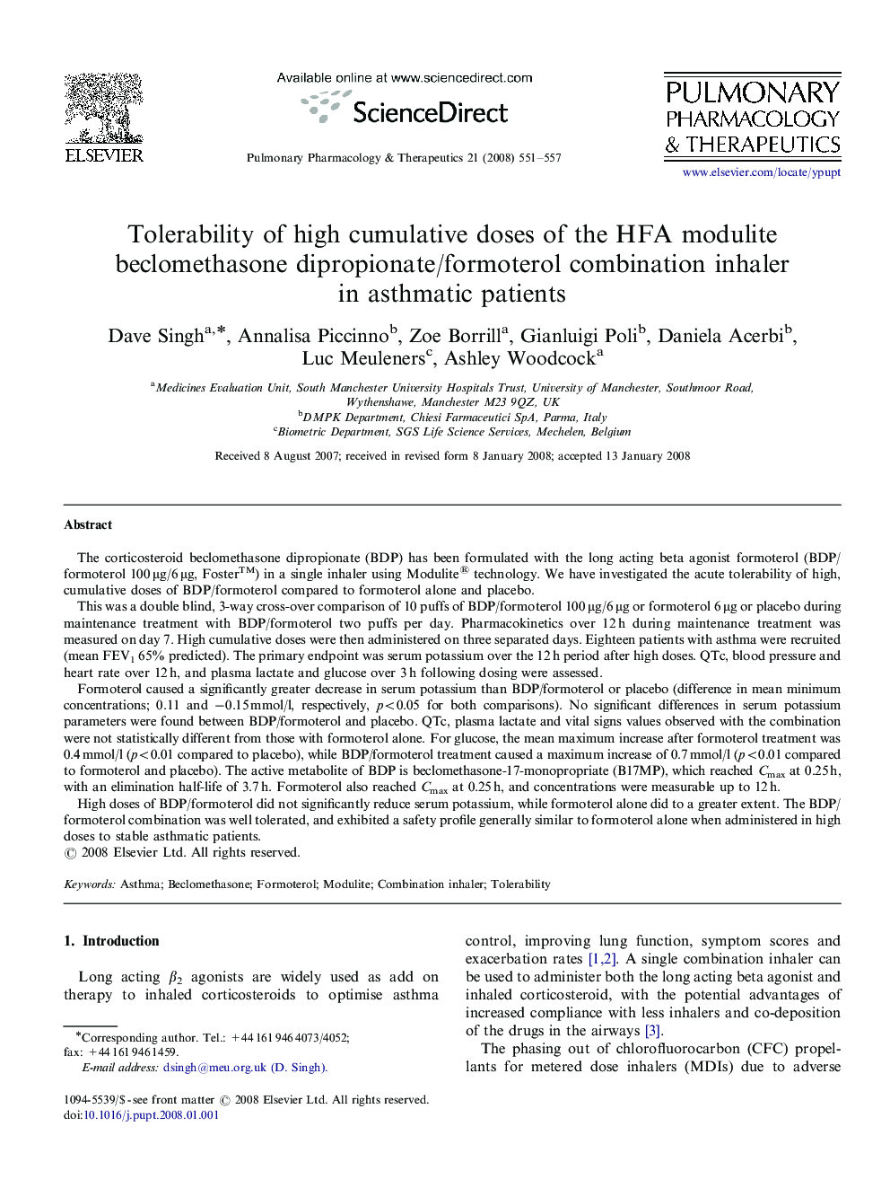 Tolerability of high cumulative doses of the HFA modulite beclomethasone dipropionate/formoterol combination inhaler in asthmatic patients