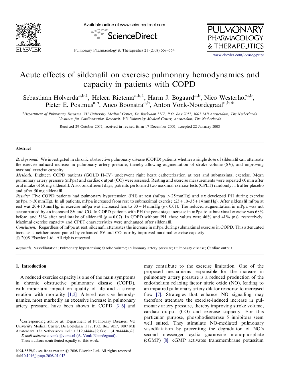 Acute effects of sildenafil on exercise pulmonary hemodynamics and capacity in patients with COPD