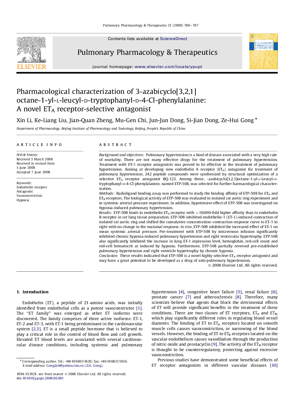 Pharmacological characterization of 3-azabicyclo[3,2,1] octane-1-yl-l-leucyl-d-tryptophanyl-d-4-Cl-phenylalanine: A novel ETA receptor-selective antagonist