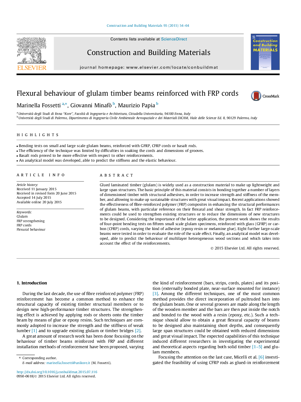 Flexural behaviour of glulam timber beams reinforced with FRP cords