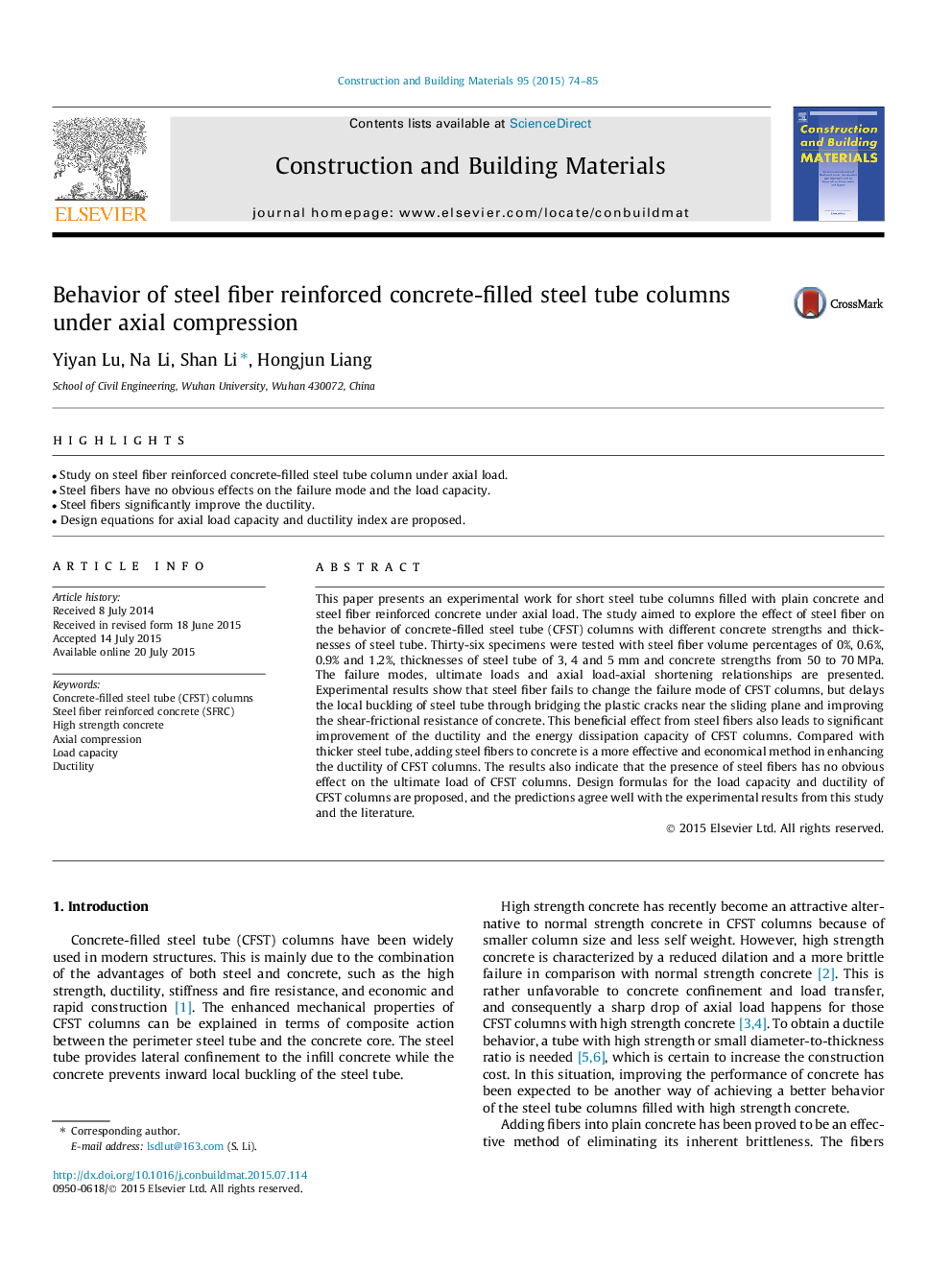 Behavior of steel fiber reinforced concrete-filled steel tube columns under axial compression