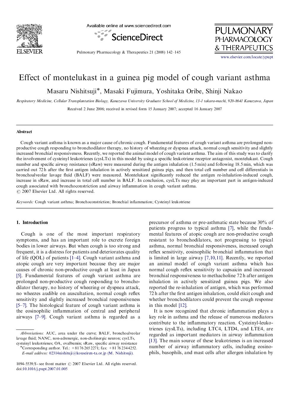 Effect of montelukast in a guinea pig model of cough variant asthma