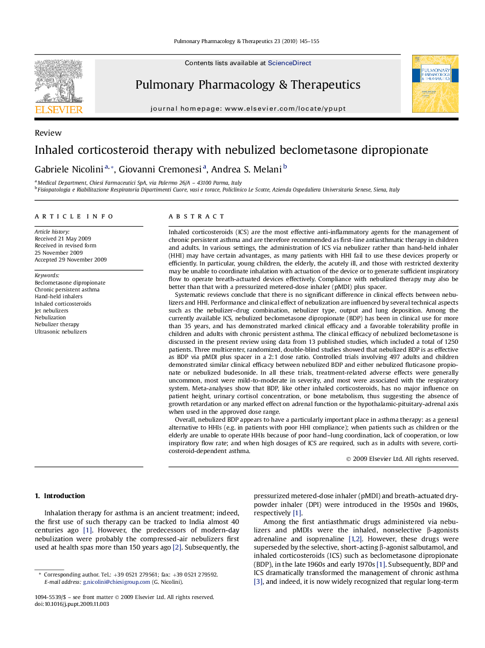 Inhaled corticosteroid therapy with nebulized beclometasone dipropionate