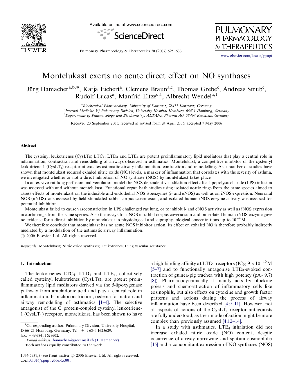 Montelukast exerts no acute direct effect on NO synthases