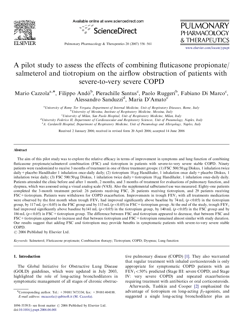 A pilot study to assess the effects of combining fluticasone propionate/salmeterol and tiotropium on the airflow obstruction of patients with severe-to-very severe COPD