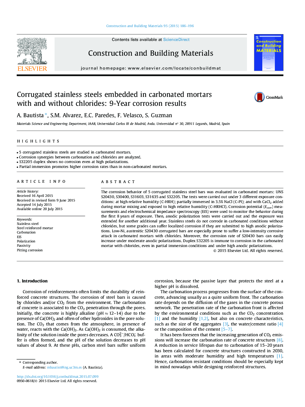 Corrugated stainless steels embedded in carbonated mortars with and without chlorides: 9-Year corrosion results