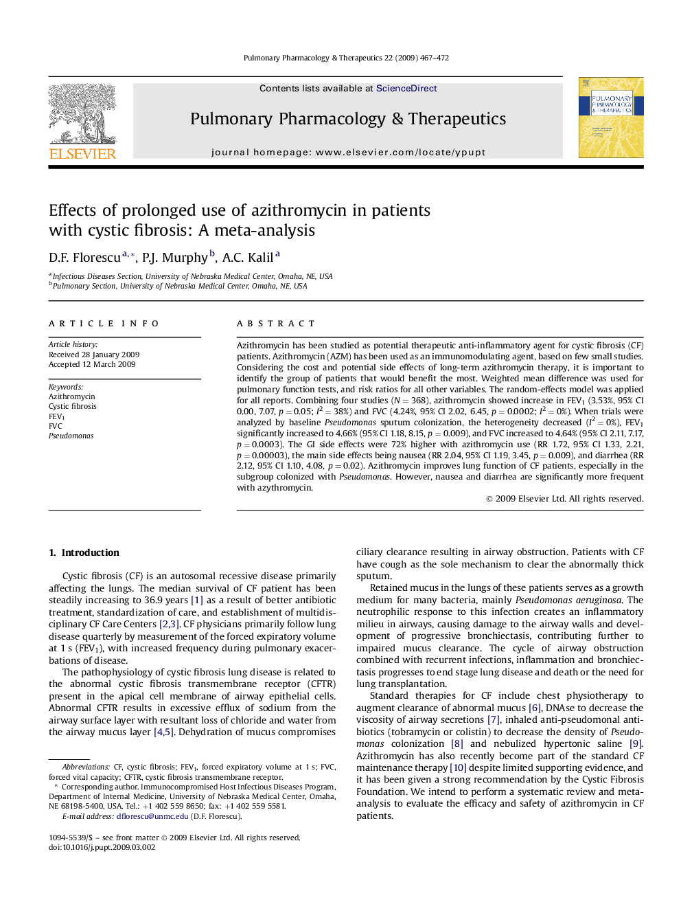 Effects of prolonged use of azithromycin in patients with cystic fibrosis: A meta-analysis