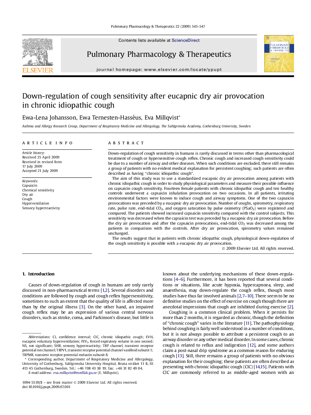 Down-regulation of cough sensitivity after eucapnic dry air provocation in chronic idiopathic cough