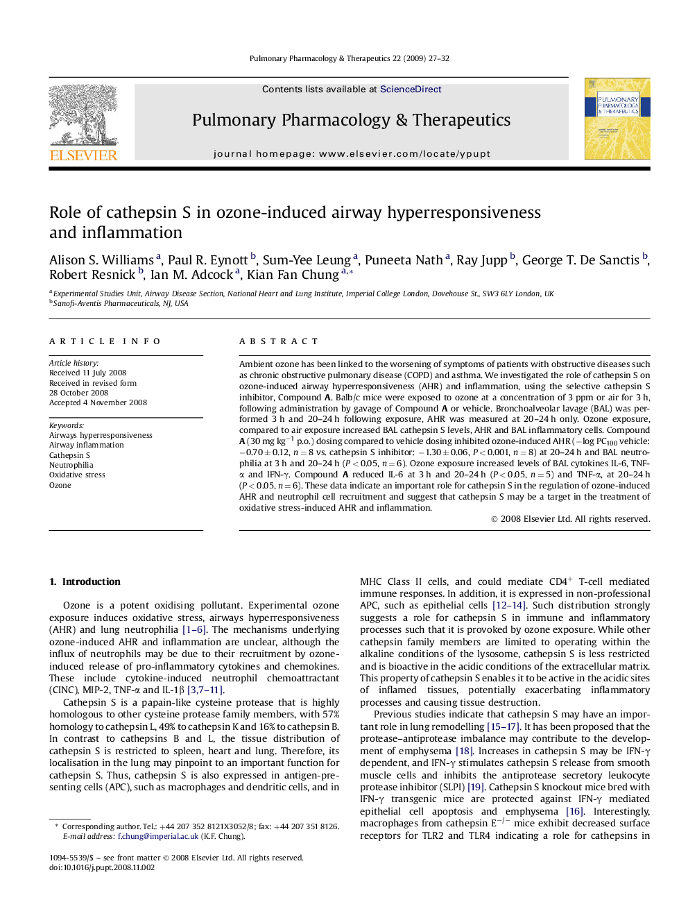 Role of cathepsin S in ozone-induced airway hyperresponsiveness and inflammation