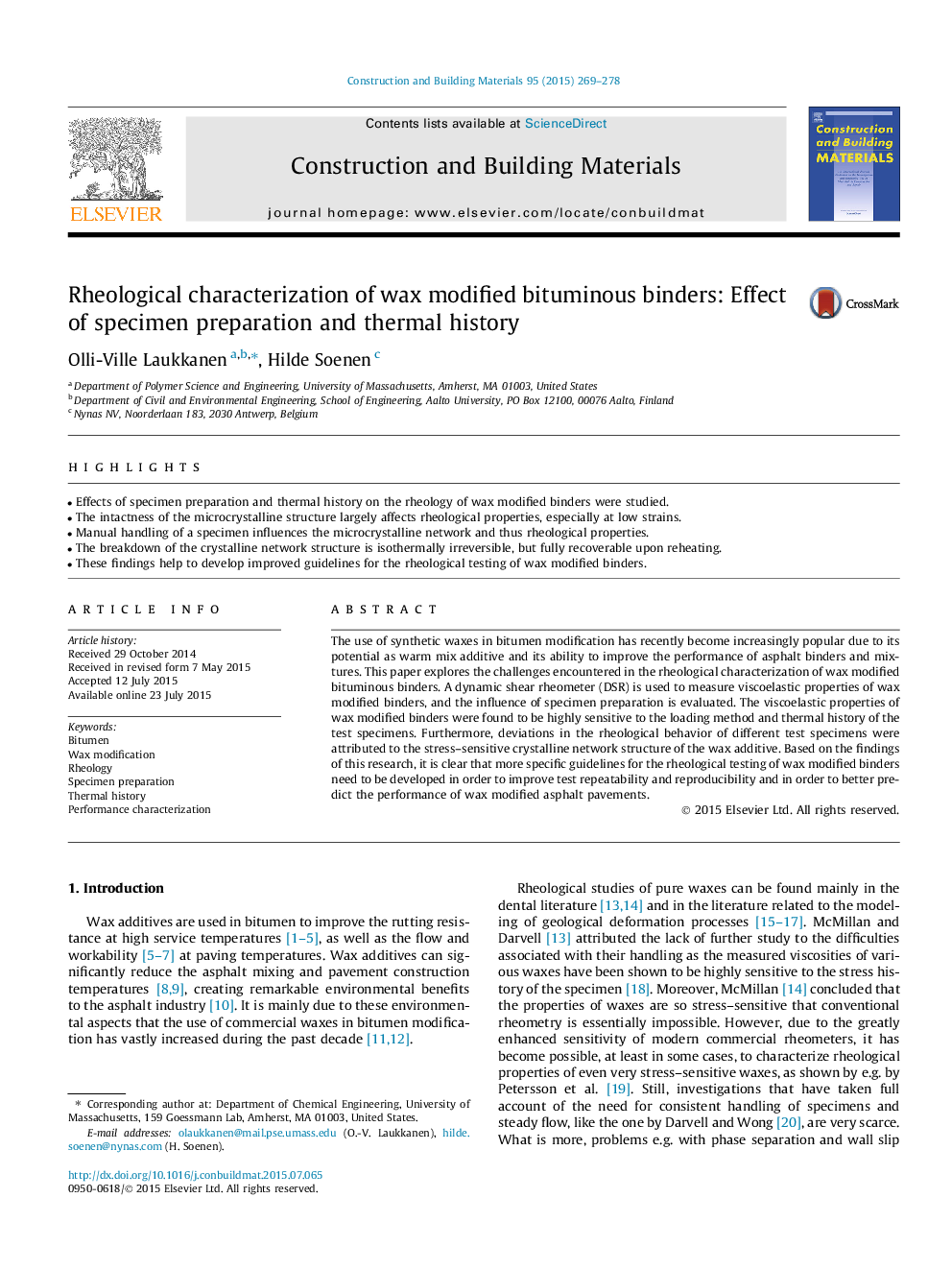 Rheological characterization of wax modified bituminous binders: Effect of specimen preparation and thermal history