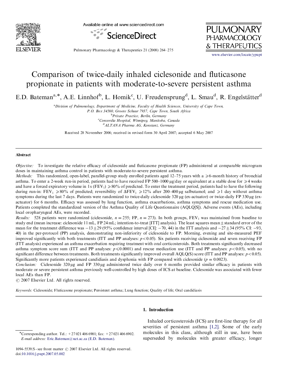 Comparison of twice-daily inhaled ciclesonide and fluticasone propionate in patients with moderate-to-severe persistent asthma