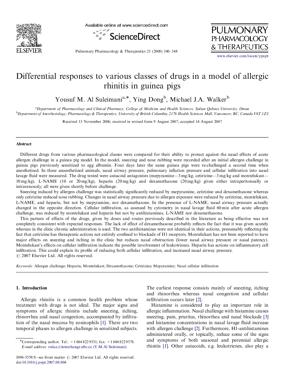 Differential responses to various classes of drugs in a model of allergic rhinitis in guinea pigs