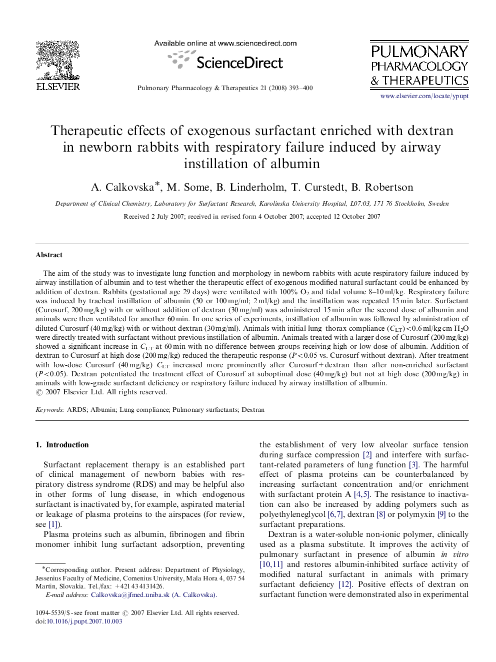 Therapeutic effects of exogenous surfactant enriched with dextran in newborn rabbits with respiratory failure induced by airway instillation of albumin