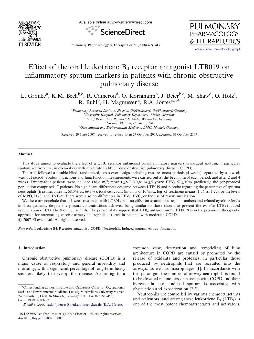 Effect of the oral leukotriene B4 receptor antagonist LTB019 on inflammatory sputum markers in patients with chronic obstructive pulmonary disease