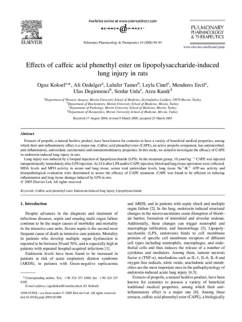 Effects of caffeic acid phenethyl ester on lipopolysaccharide-induced lung injury in rats