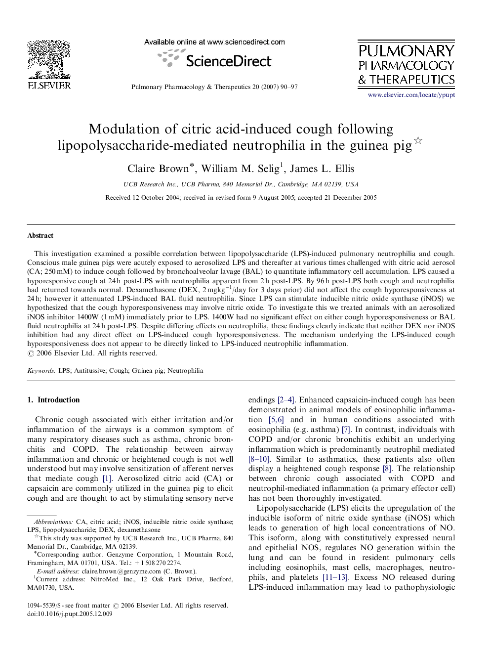 Modulation of citric acid-induced cough following lipopolysaccharide-mediated neutrophilia in the guinea pig 