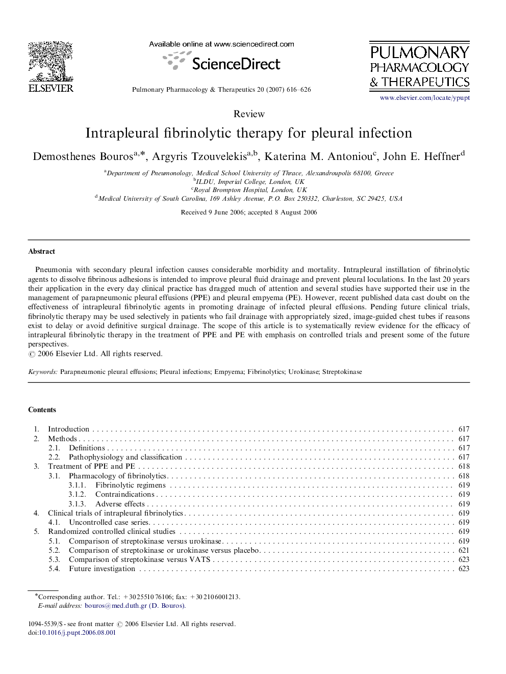 Intrapleural fibrinolytic therapy for pleural infection