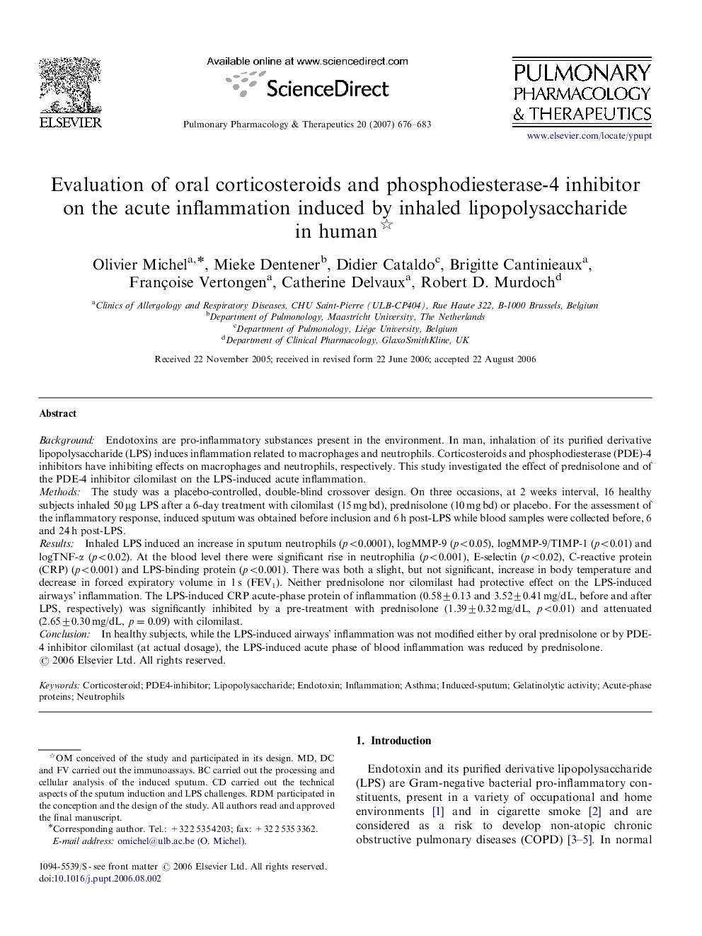 Evaluation of oral corticosteroids and phosphodiesterase-4 inhibitor on the acute inflammation induced by inhaled lipopolysaccharide in human 