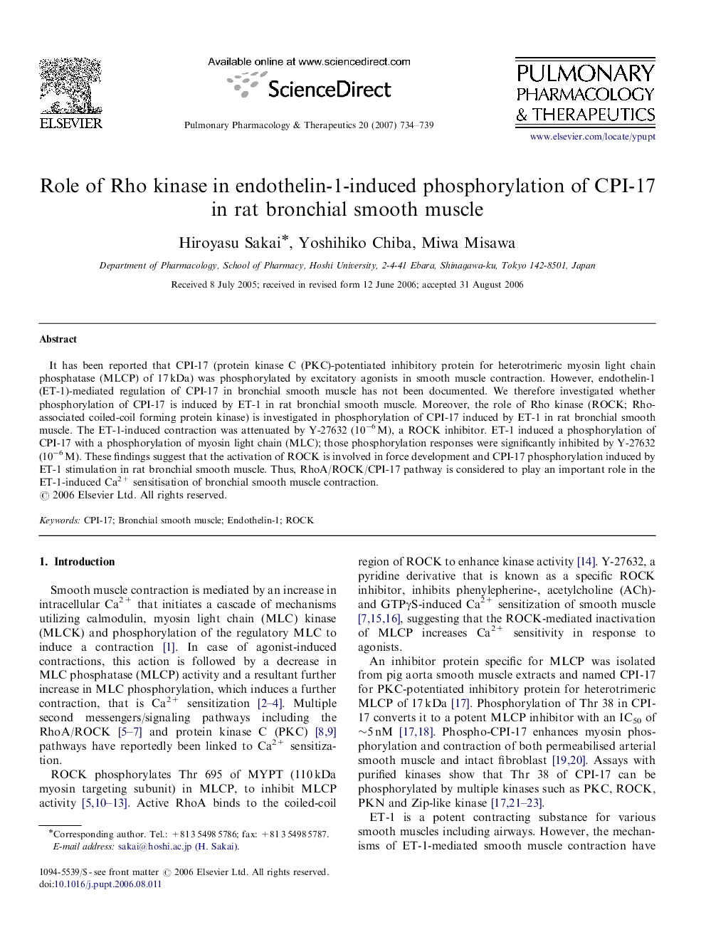 Role of Rho kinase in endothelin-1-induced phosphorylation of CPI-17 in rat bronchial smooth muscle