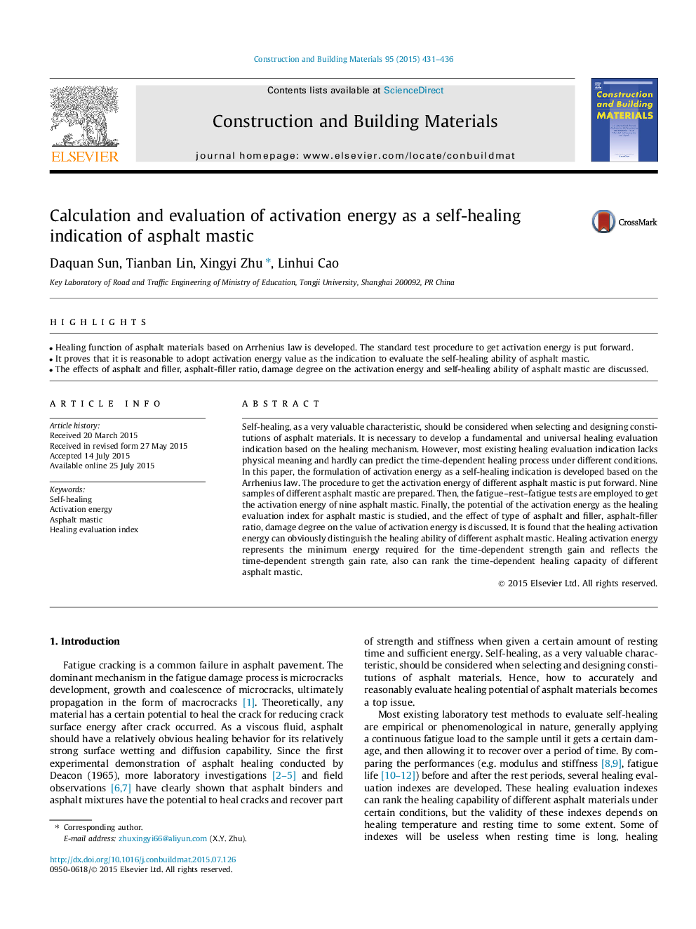 Calculation and evaluation of activation energy as a self-healing indication of asphalt mastic