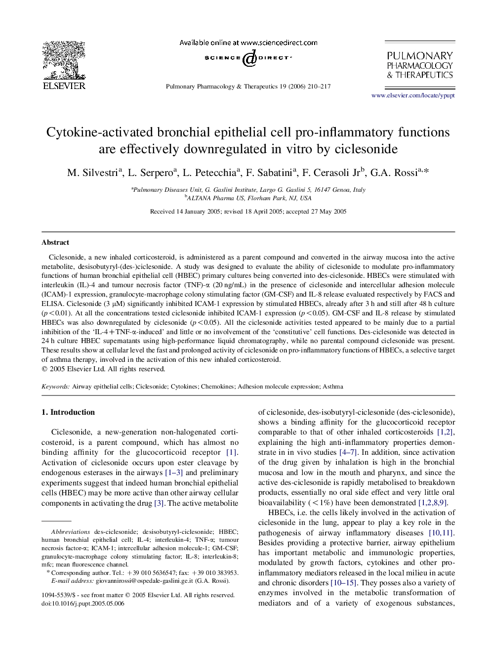 Cytokine-activated bronchial epithelial cell pro-inflammatory functions are effectively downregulated in vitro by ciclesonide