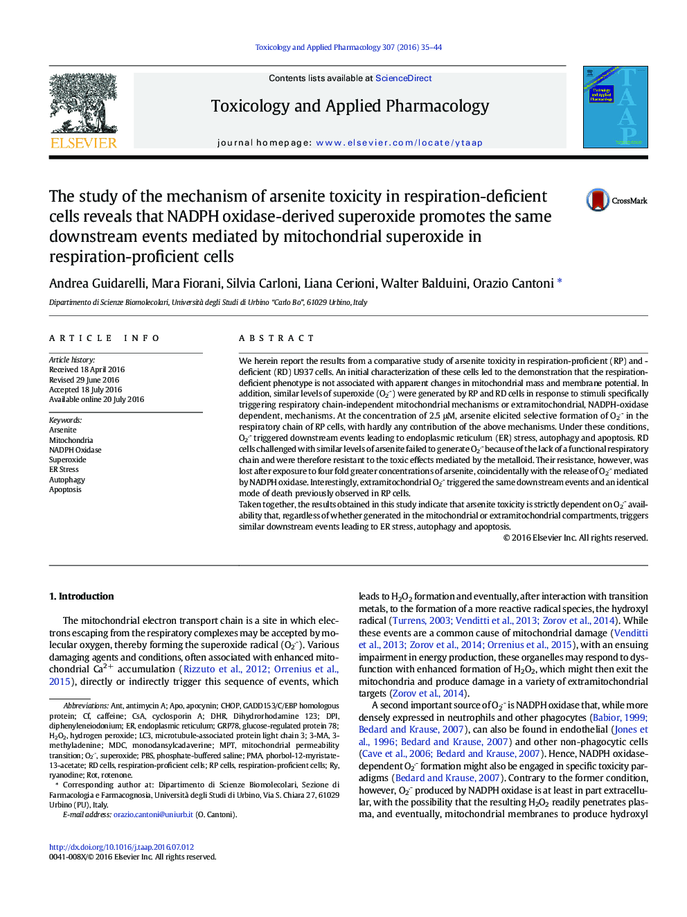 The study of the mechanism of arsenite toxicity in respiration-deficient cells reveals that NADPH oxidase-derived superoxide promotes the same downstream events mediated by mitochondrial superoxide in respiration-proficient cells