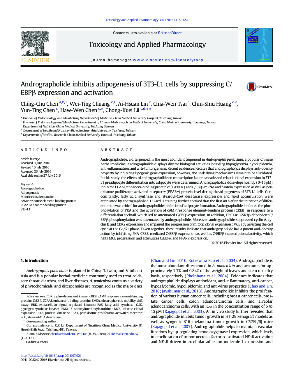 Andrographolide inhibits adipogenesis of 3T3-L1 cells by suppressing C/EBPβ expression and activation