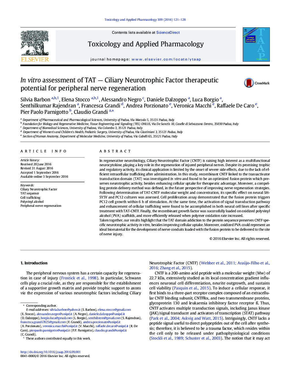 In vitro assessment of TAT — Ciliary Neurotrophic Factor therapeutic potential for peripheral nerve regeneration