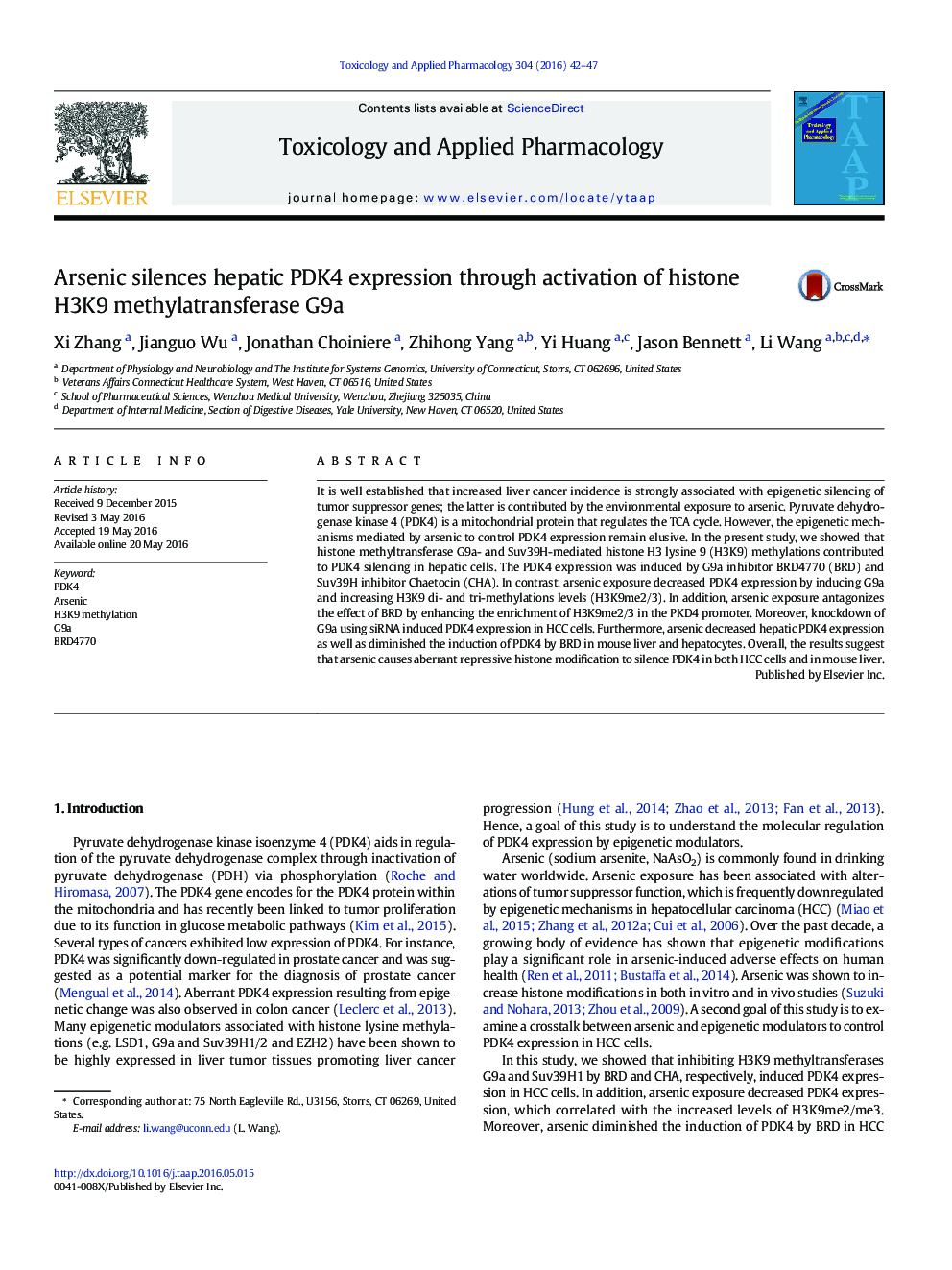 Arsenic silences hepatic PDK4 expression through activation of histone H3K9 methylatransferase G9a