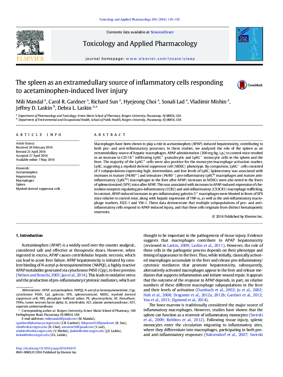 The spleen as an extramedullary source of inflammatory cells responding to acetaminophen-induced liver injury