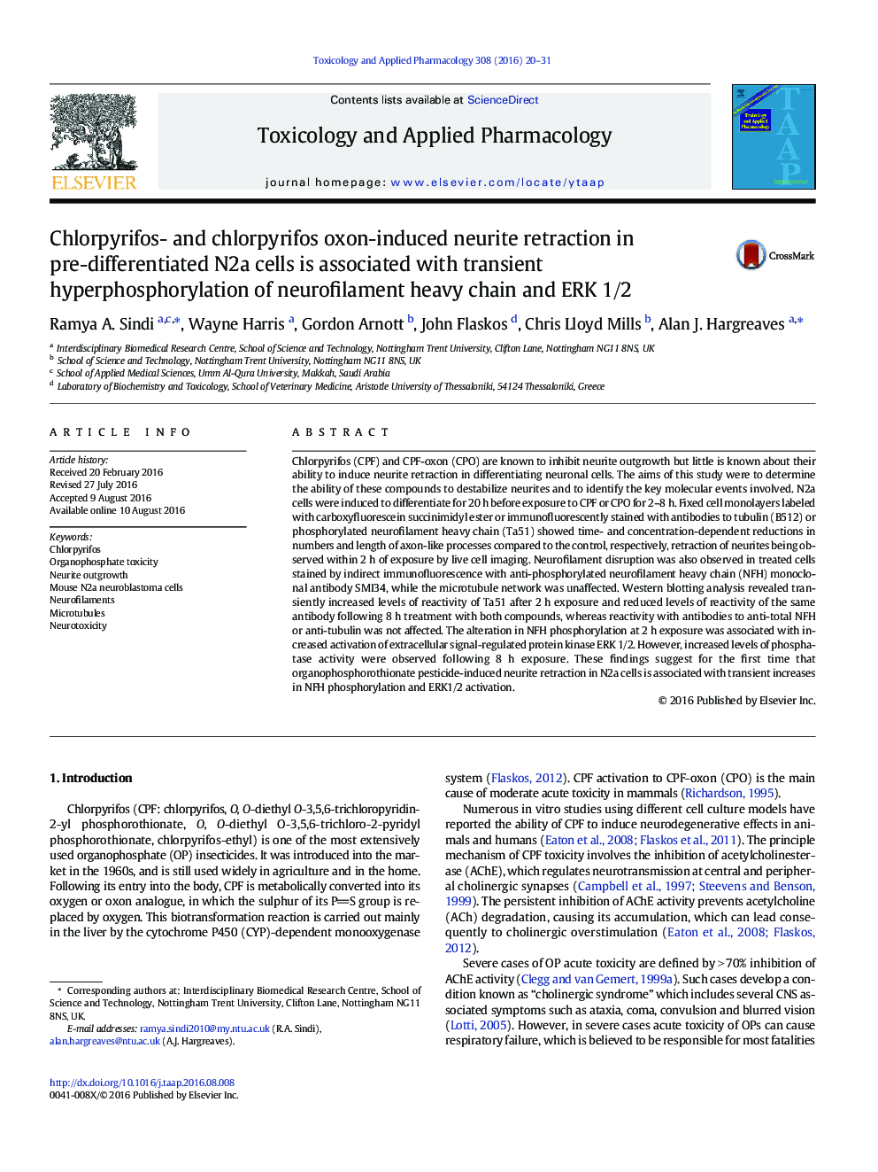 Chlorpyrifos- and chlorpyrifos oxon-induced neurite retraction in pre-differentiated N2a cells is associated with transient hyperphosphorylation of neurofilament heavy chain and ERK 1/2