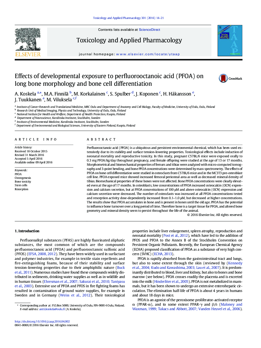 Effects of developmental exposure to perfluorooctanoic acid (PFOA) on long bone morphology and bone cell differentiation