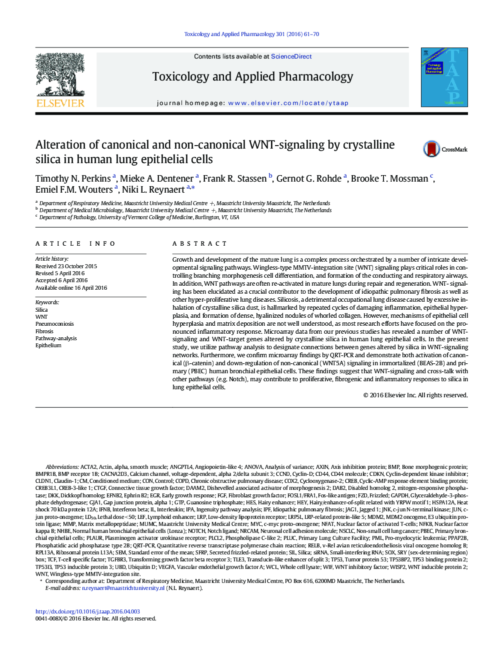 Alteration of canonical and non-canonical WNT-signaling by crystalline silica in human lung epithelial cells