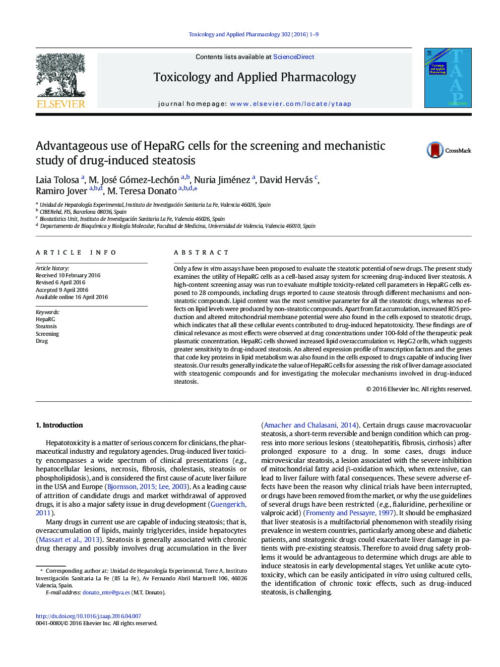 Advantageous use of HepaRG cells for the screening and mechanistic study of drug-induced steatosis